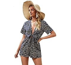 SweatyRocks Women's Sexy V Neck Self Tie Front Short Romper Jumpsuit Playsuit | Amazon (US)