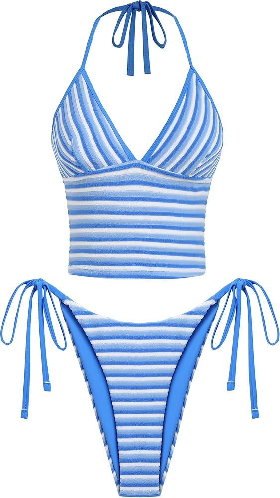 ZAFUL Swim Suits for Women 2025 Halter V Neck Tankini Sets Terry Striped Bikini High Cut Tie Side... | Amazon (US)