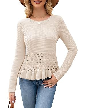 Womens Long Sleeve Cropped Crochet Sweaters Peplum Sweater Cute Crewneck Knit Pullover Tops Fall ... | Amazon (US)