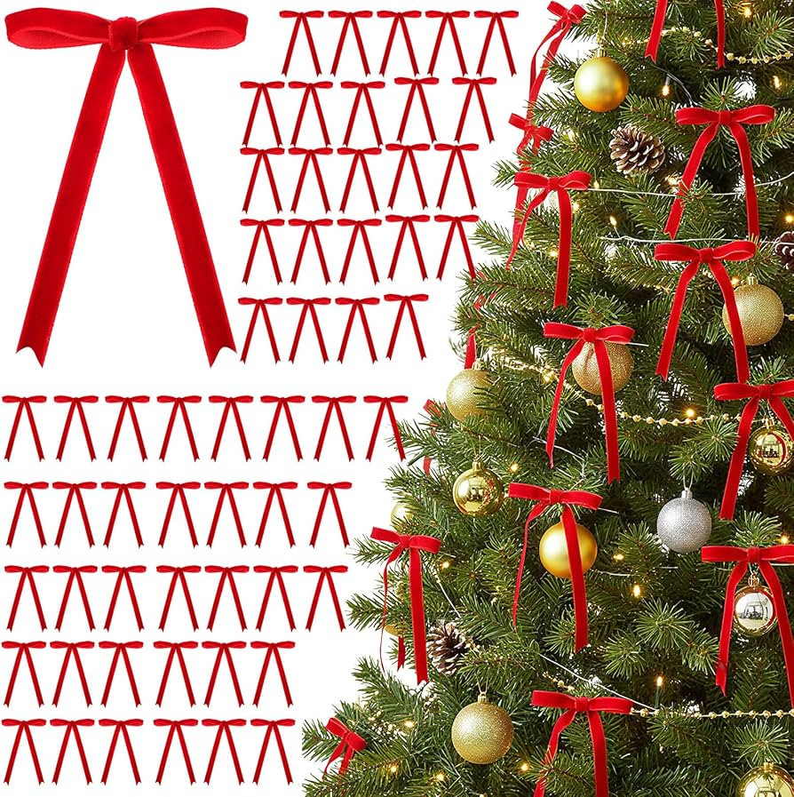Riceshoot 60 Pcs Christmas Velvet Bows Ornaments 3.15 x 4.33 inch Vintage Velvet Ribbon Bows Craf... | Amazon (US)