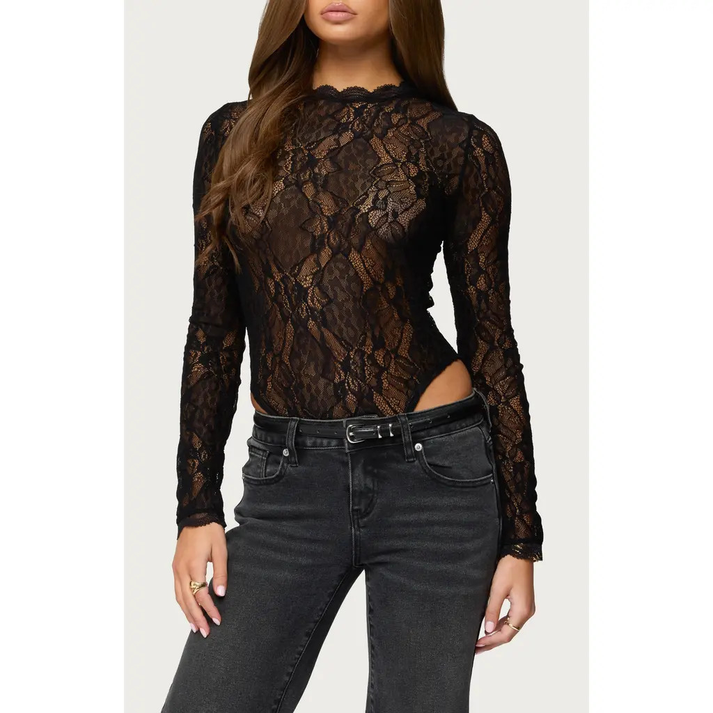 EDIKTED Rosalinda Lace Sheer Bodysuit in Black at Nordstrom, Size Large | Nordstrom