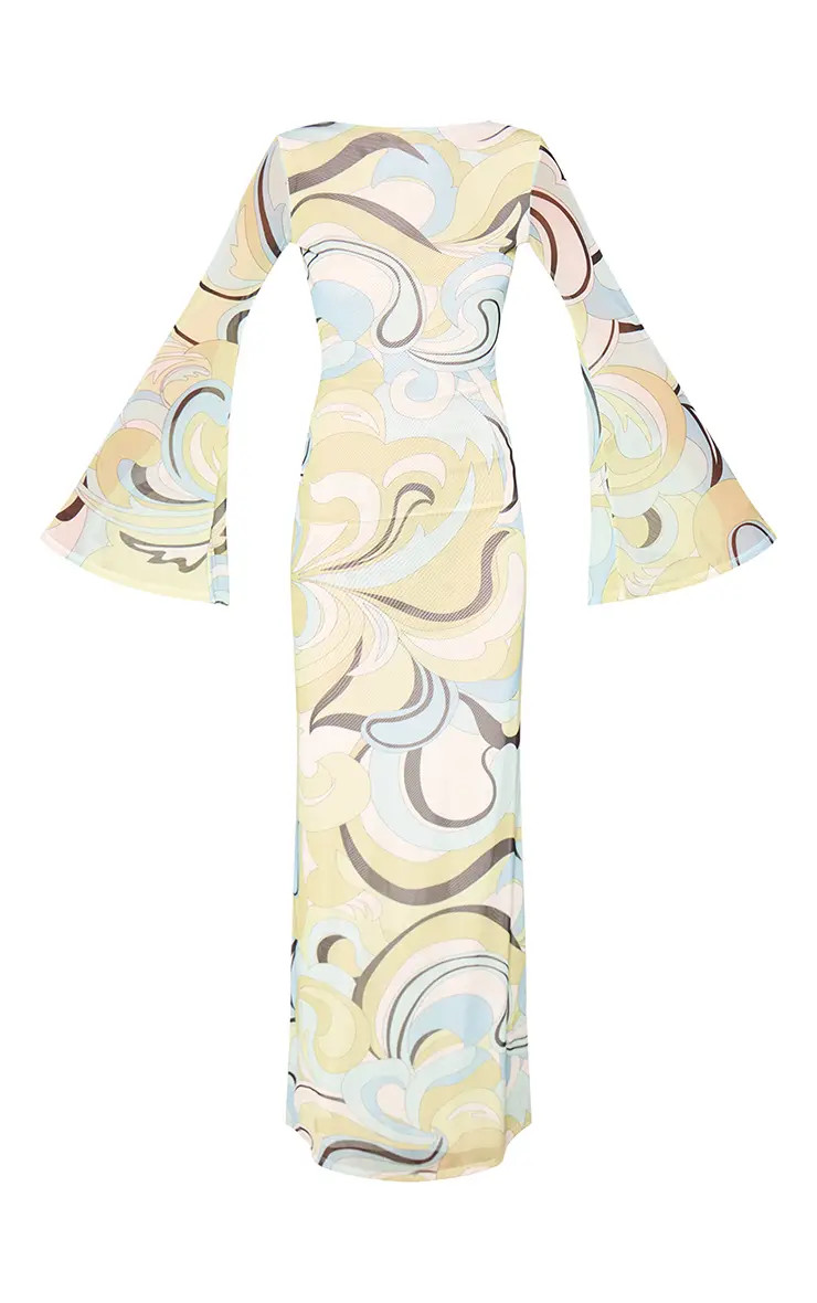 Blue Swirl Print Mesh Boat Neck Open Back Long Sleeve Maxi Dress | PrettyLittleThing UK