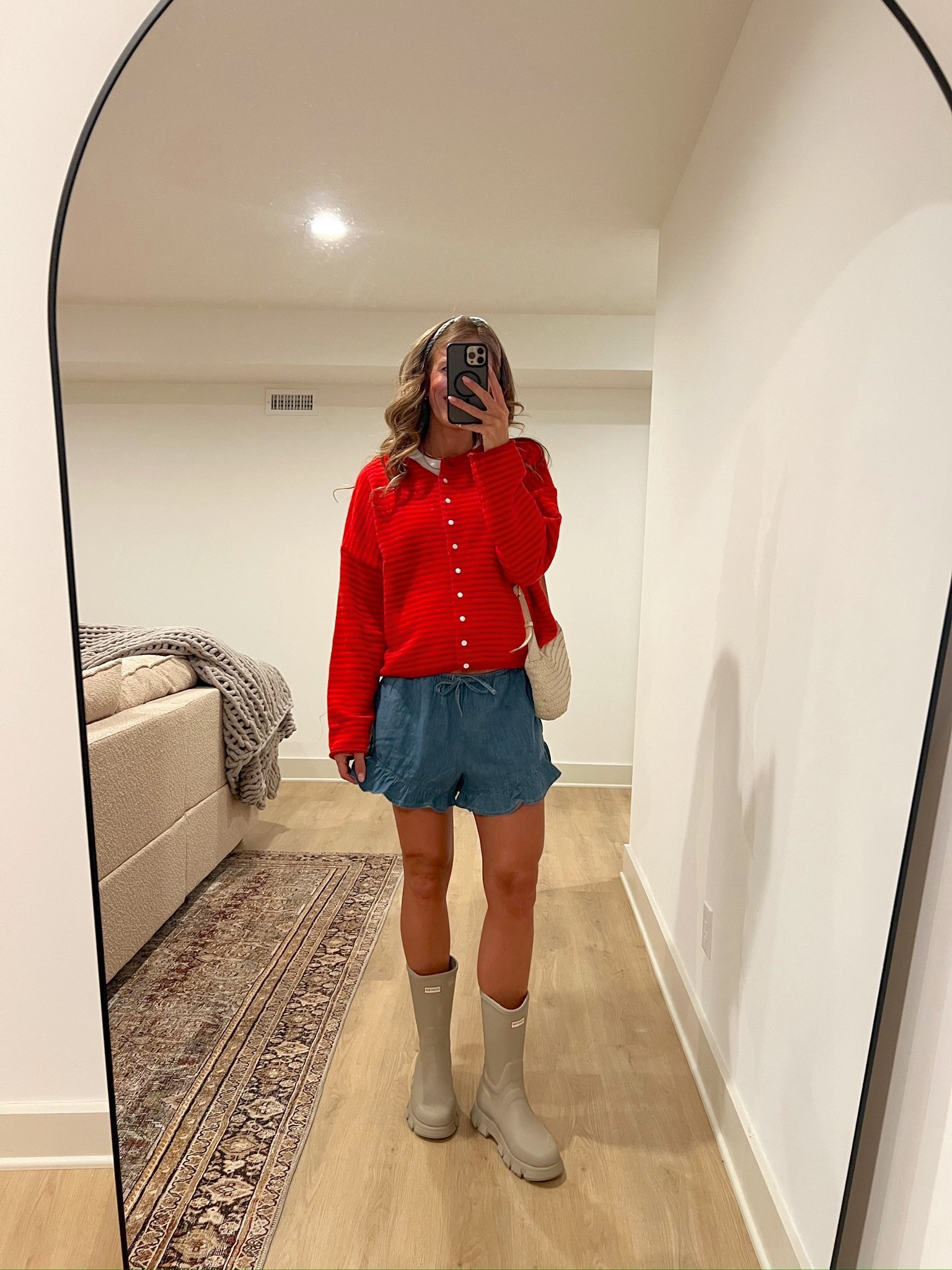 This sweater can be styled so many ways, but this may be my favorite look. Hunter boots are such a great staple to invest in! Wearing a medium in the sweater for the bump, and a medium in the shorts (they run a little big).

#LTKBump #LTKmomlife #LTKootd