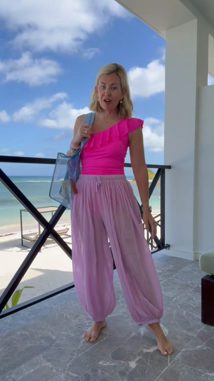 Showing you some one-piece swimsuit looks! This one is flattering & has really good booty coverage and comes in multiple colors. I’m in LOVE with these pants!  I’m wearing a 6 in the suit & xs in pants. 

#LTKSeasonal #LTKmomlife #LTKOver40