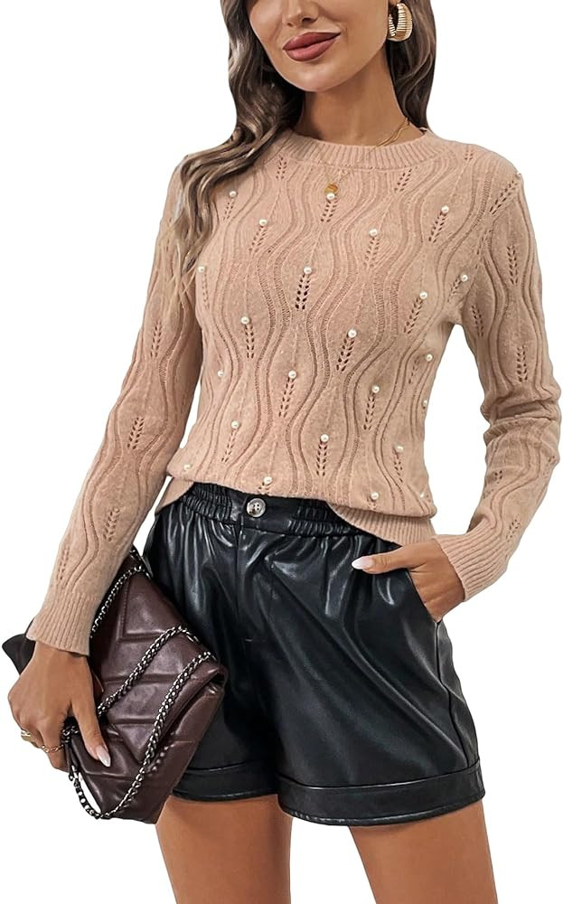 Verdusa Women's Pearls Cable Knit Sweater Casual Round Neck Long Sleeve Pullover Top | Amazon (US)