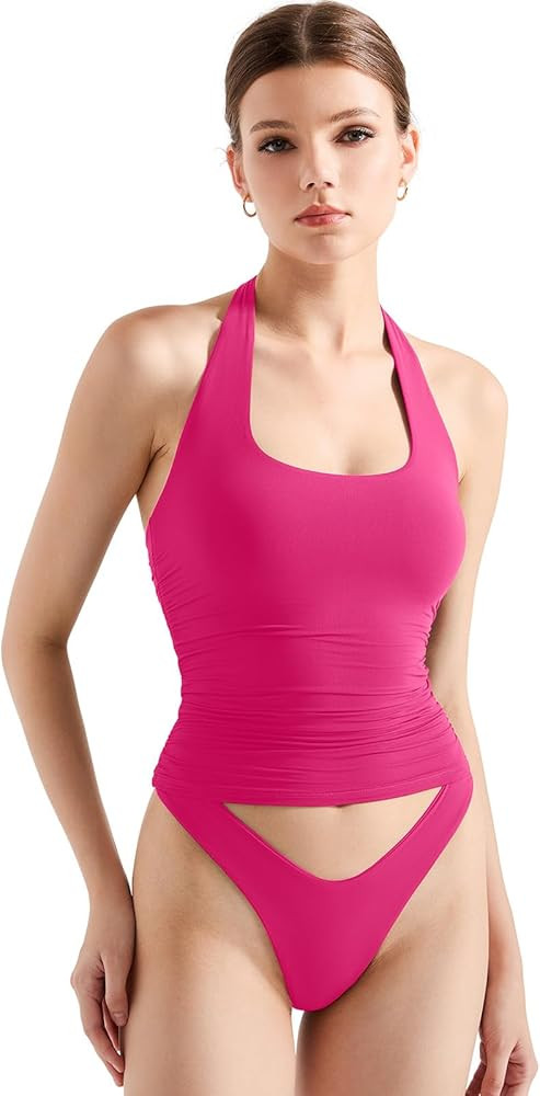 SUUKSESS Women Halter Tank Tops Double Lined Backless Y2K Trendy Going Out Tops | Amazon (US)