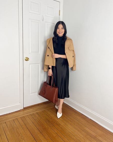 Cropped trench coat (XS)
Black sweater (XS)
Black midi skirt (S)
Brown tote bag
White pumps (1/2 size up)
Smart casual outfit
Business casual outfit
Spring work outfit
Neutral outfit

#LTKworkwear #LTKfindsunder100 #LTKstyletip