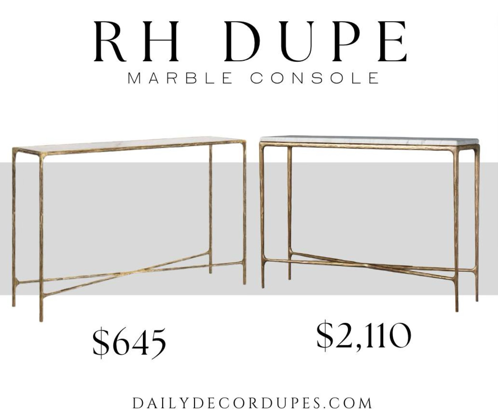 I found this amazing dupe for the Thaddeus Restoration Hardware marble console. The dupe comes in 4 metal finishes, has a real marble top, and free shipping! There are also matching coffee tables, end tables, and console tables in the same collection. RH dupes. Dupe dupes more affordable option find replica copy cat similar look for less budget friendly affordable cheap cheaper beautiful pretty 

#LTKFind #LTKhome #LTKsalealert
