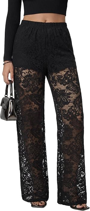 Vrtige Women's Floral Lace Sheer See Through Sexy Long Pants Trousers with Shorts | Amazon (US)