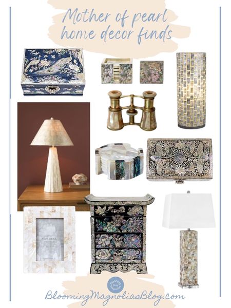 Mother of pearl and capiz home decor finds. These would make great gifts! 

• mother of pearl coasters • mother of pearl lamp • mother of pearl jewelry box • mother of pearl photo frame • capiz lamp • mother of pearl opera glasses 

#LTKGiftGuide #LTKhome