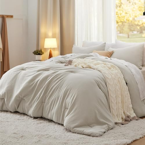 Bedsure Oversized King Comforter Set, Beige Soft Prewashed Bedding for All Seasons, 3 Pieces GentleSoft™ Bed Set, 1 Lightweight Comforter (120"x98") and 2 Pillowcases (20"x36") | Amazon (US)