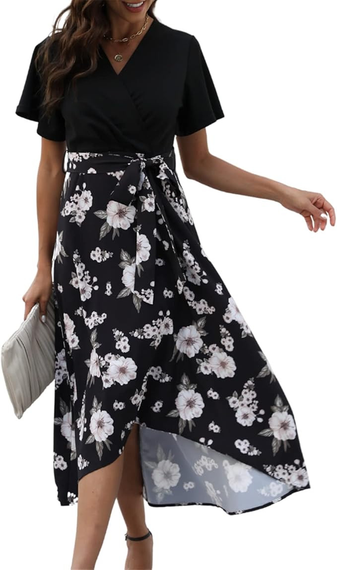 JASAMBAC 2023 Women's High Low A Line Floral Dress Casual Short Sleeve Cocktail Bridesmaid Dresse... | Amazon (US)