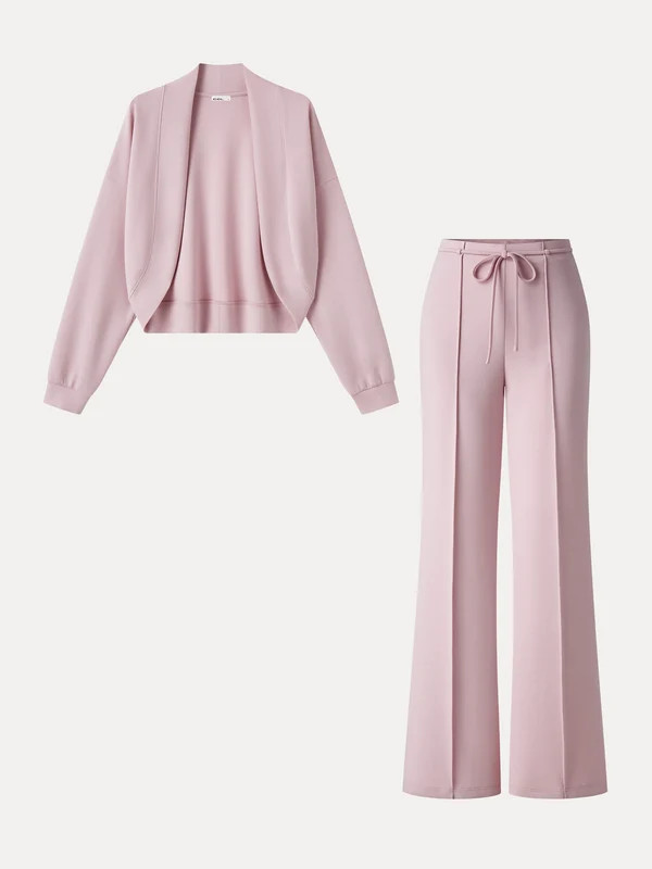 2Pcs Set Long Sleeve Drop-Shoulder Cardigan & High-Rise Flare Pants with Pockets | OGLmove