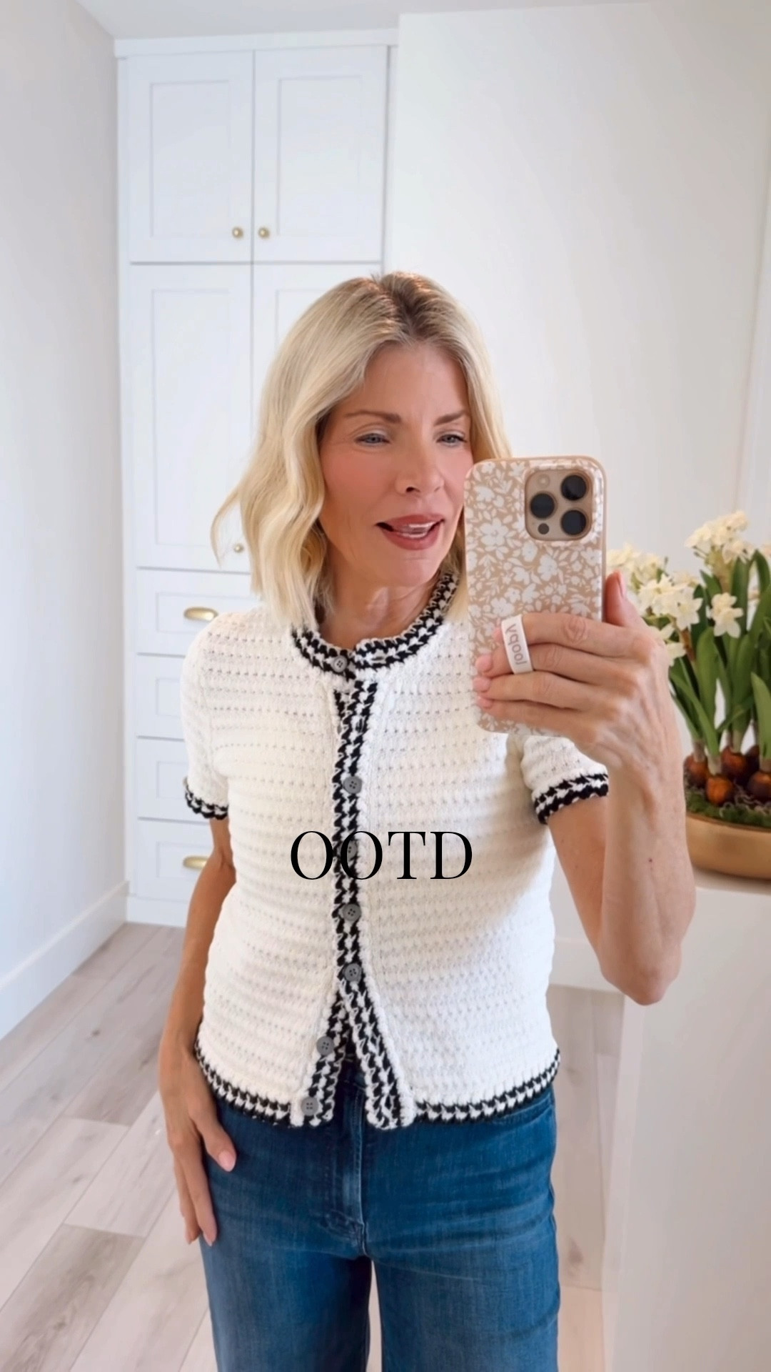 Loving this short sleeve cardigan! The style dresses up everything you wear it with. I have both the ivory & black and the navy & white stripe. I’m wearing an XS  

My mother jeans have a high waist and flare. Love the wash on this pair. I’m wearing a Petite size 25 (the lil hustler jeans)
Cutest kitten heels! I own both colors -￼ the black and nude and they’re super comfortable. The fit is tts

#LTKootd