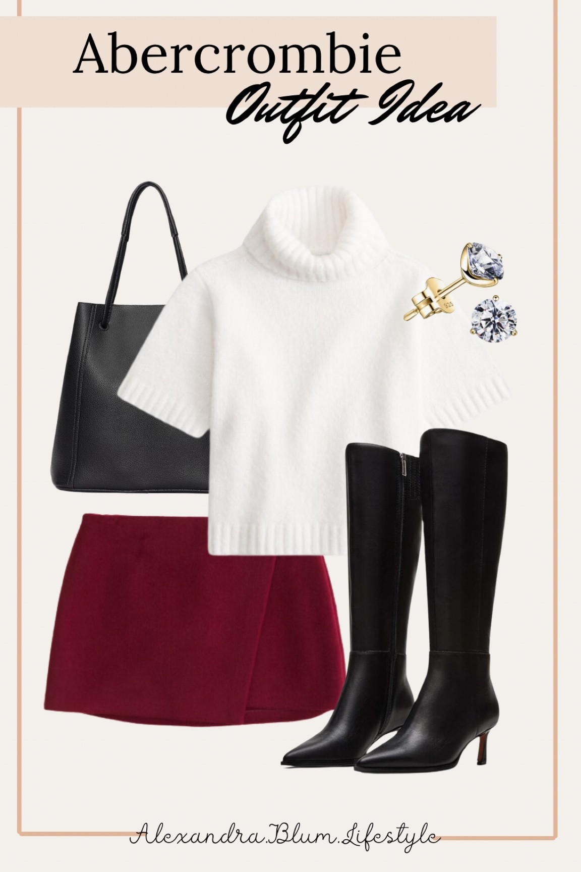 Abercrombie outfit idea! Winter outfit! Winter date night outfit! Church outfit! Thanksgiving outfit!white turtle neck sweater short sleeve top with a red wrap skirt, black handbag, black knee high boots, and gold diamond earrings!wrap mini skirt outfit! Holiday outfit! 

#LTKShoeCrush #LTKFindsUnder100 #LTKHoliday