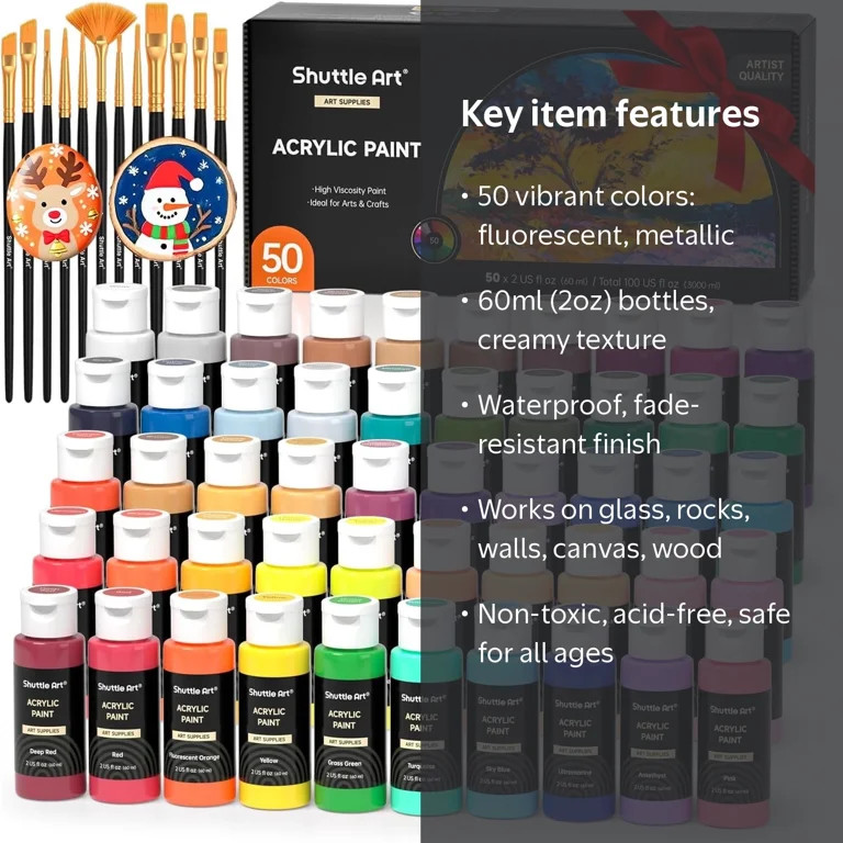Acrylic Paint, Shuttle Art 50 Colors Acrylic Paint Set, 2oz/60ml Bottles, Rich Pigmented, Water P... | Walmart (US)