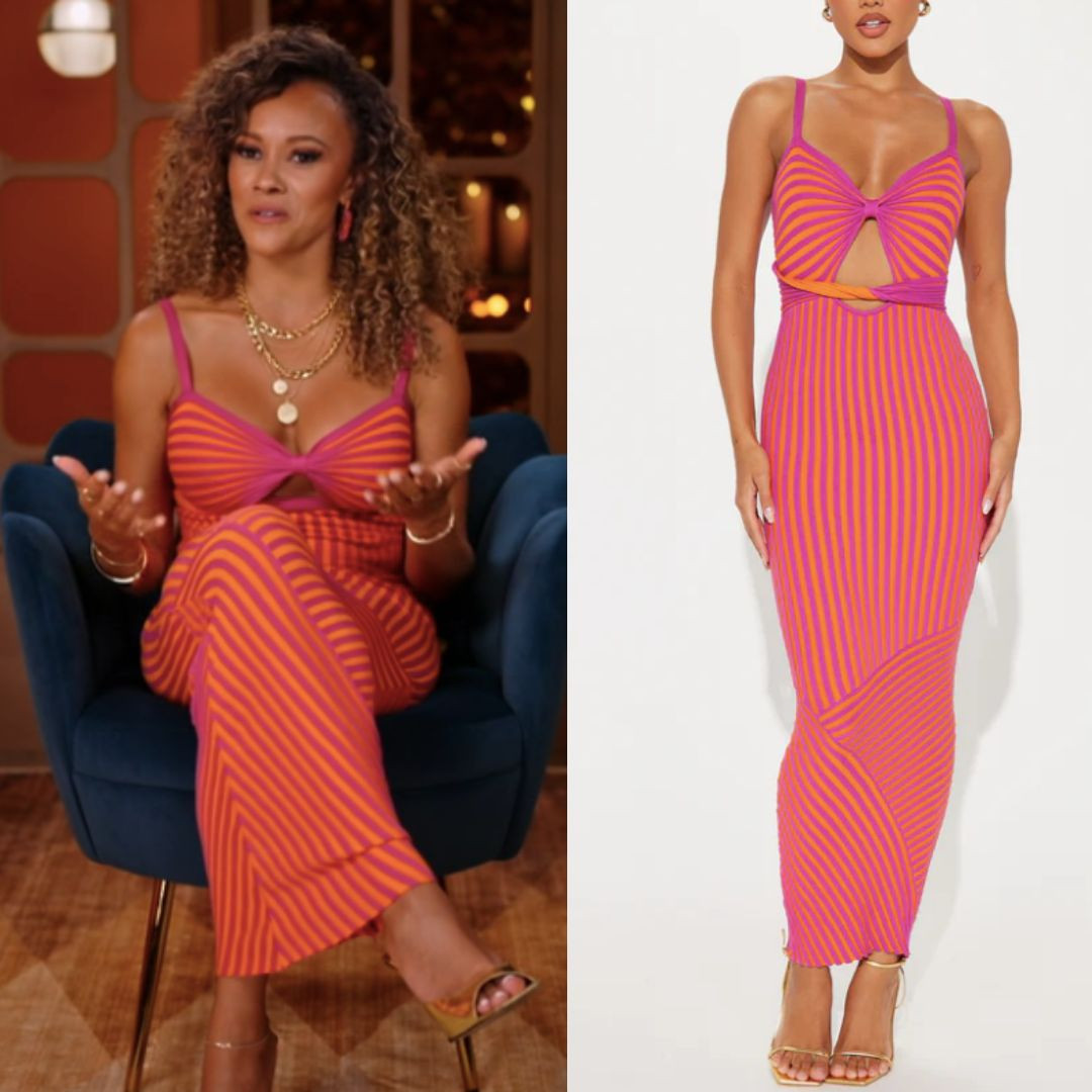 Ashley Darby’s Pink and Orange Striped Confessional Dress on Love Hotel Season 1 Episode 1 is from Fashion Nova