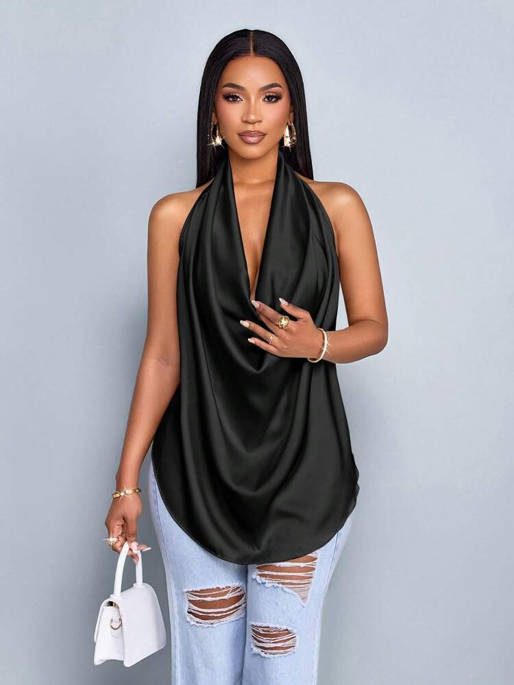 SOLERSUN Spring And Summer Women's Wear Leisure Vacation Apricot Glossy Fabric Deep V Neck Halter Straps Swing Neck Curved Hem Backless Straps Woven Fabric Vest | SHEIN