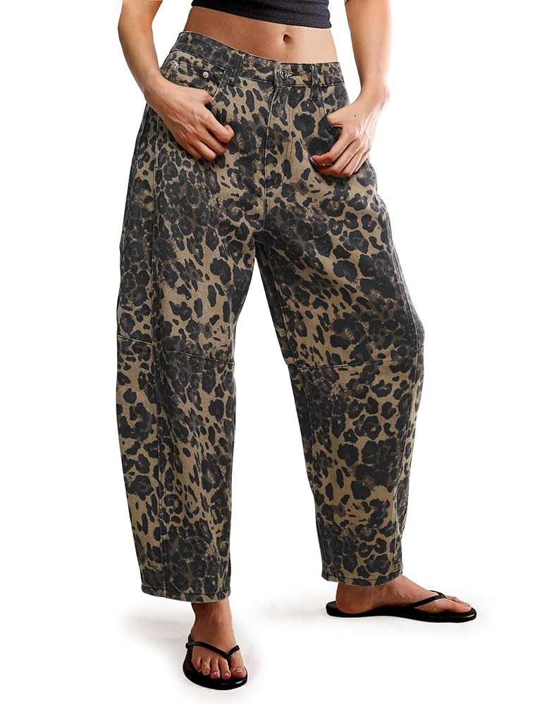 Women Leopard Barrel Jeans Casual Wide Leg Baggy Pants Y2k Boyfriend Mid Rise Denim Ankle Pants | Amazon (US)