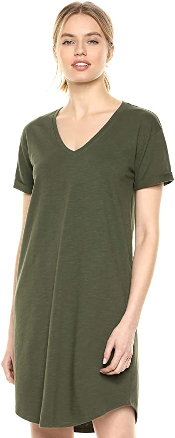 Amazon Brand - Daily Ritual Women's Lived-in Cotton Roll-Sleeve V-Neck T-Shirt Dress | Amazon (US)