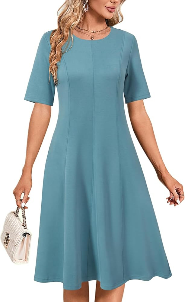 Newshows Women's 2025 Summer Business Casual Work Dress Wrinkle-Free Crewneck Midi Short Sleeve S... | Amazon (US)
