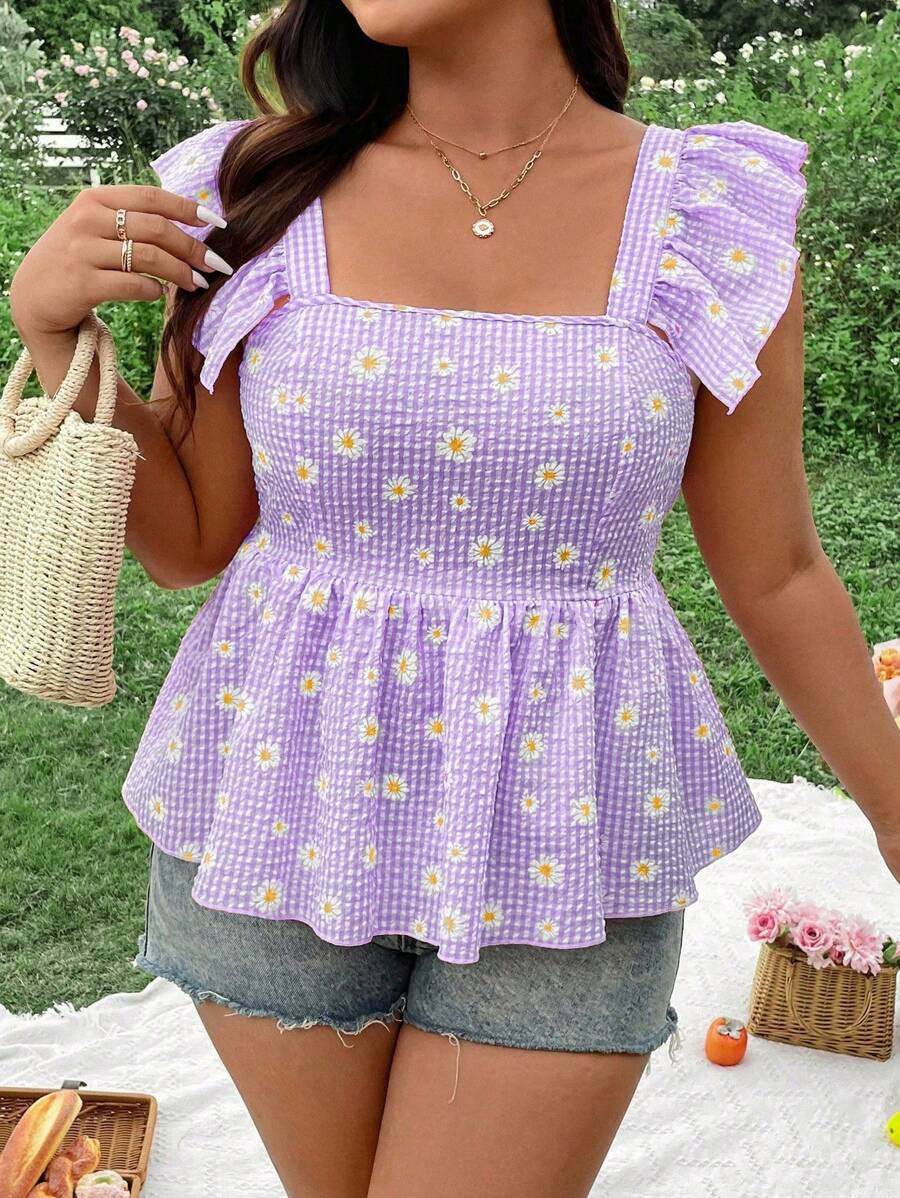SHEIN WYWH Plus Size Women's Square Neck Checkered Daisy Printed Elegant & Cute Blouse With Ruffl... | SHEIN