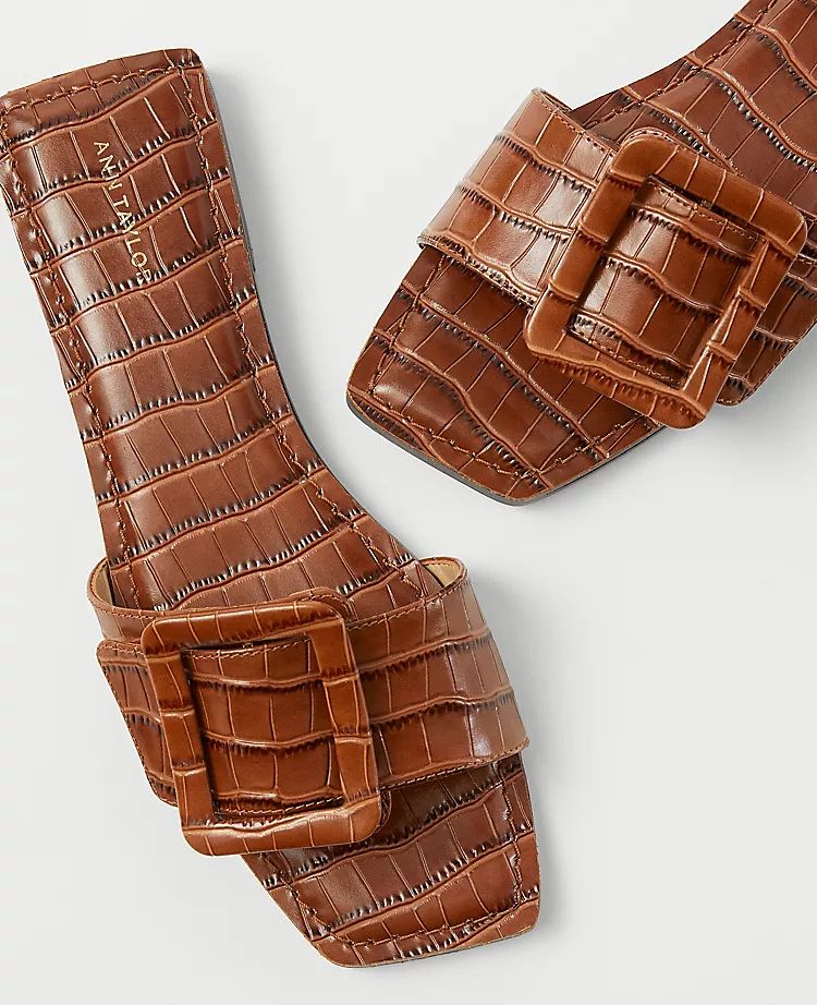 Embossed Leather Buckle Slide Sandals | Ann Taylor (US)