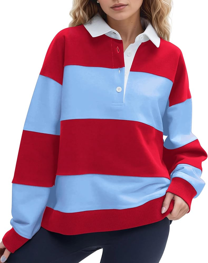 Women Oversized Striped Polo Sweatshirt Color Block Lapel Collared Pullover Tops Striped Long Sle... | Amazon (US)