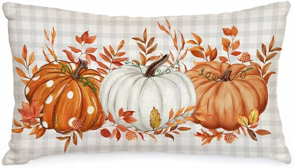 AACORS Fall Pillow Cover 12x20 Inch Buffalo Pliad Pumpkin Maple Leaves Decor Autumn Thanksgiving ... | Amazon (US)