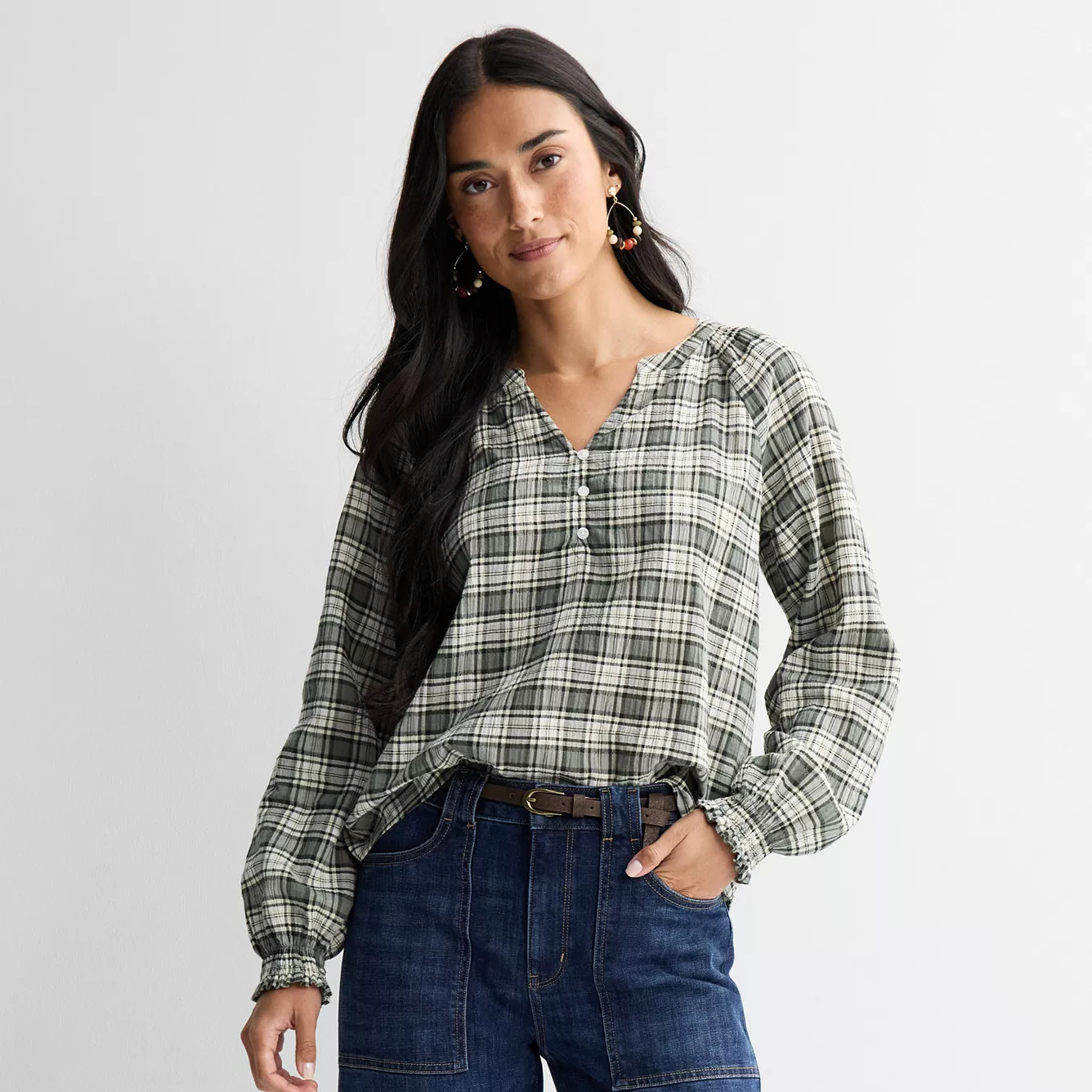 Women's Sonoma Goods For Life® Smocked Wrist Henley Top | Kohl's