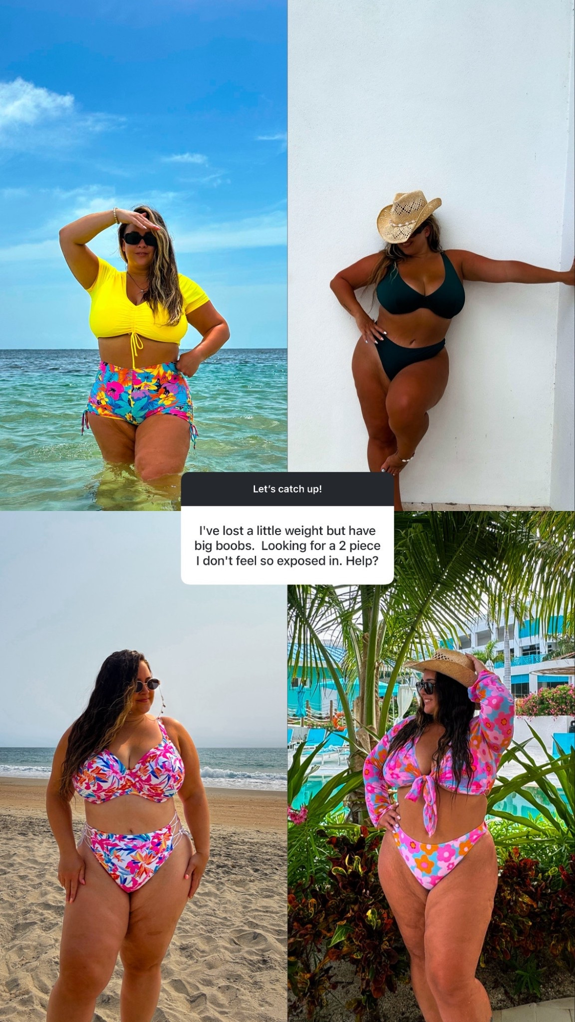 Yellow/floral bikini - XL 
dark green underwire - XXL top, XL bottom 
Floral underwire - L bottoms, bra sized top
Floral with mesh top - size 16 PLUS / XXL 

#LTKPlusSize #LTKMidsize #LTKSwim