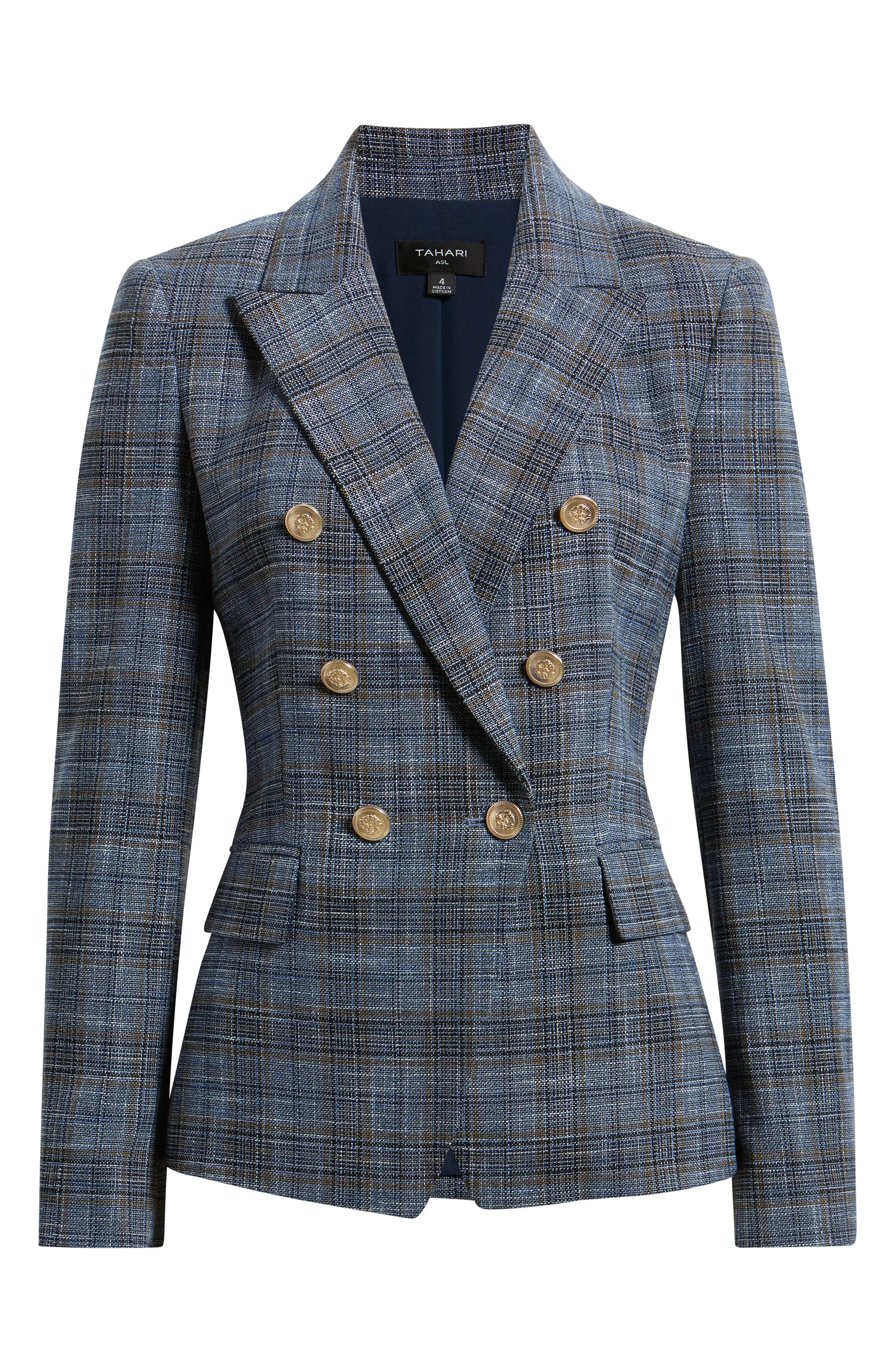 Tahari ASL Plaid Double Breasted Jacket in Indigo Luggage at Nordstrom, Size 14 | Nordstrom