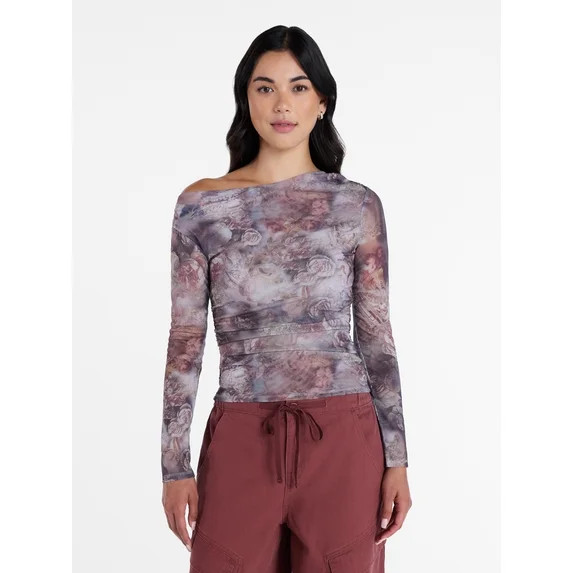 Madden NYC Women’s Asymmetrical Mesh Top with Long Sleeves, Sizes XXS-XXL | Walmart (US)