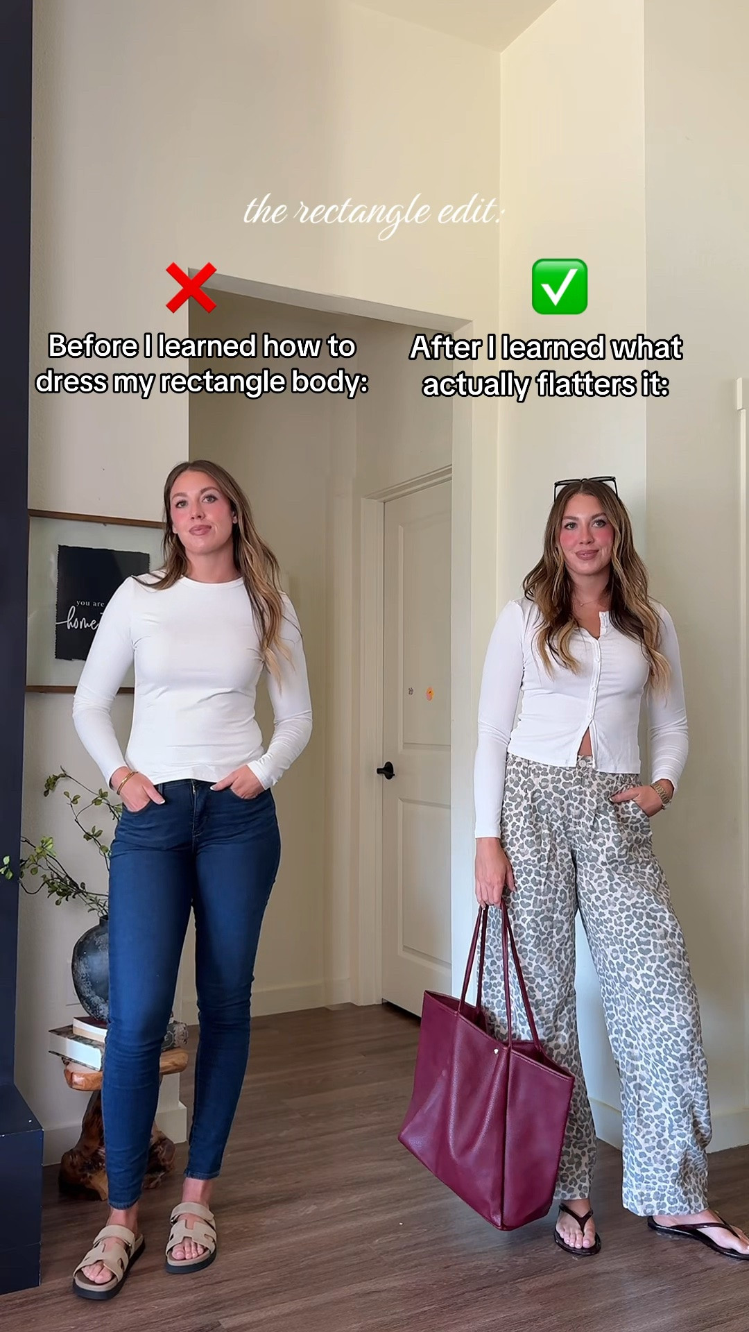 As a rectangle body type - skip the skinnies and try a barrel style! These leopard barrel pants create shape and balance to a straight up and down silhouette! I’m 510 wearing a small tall small in top