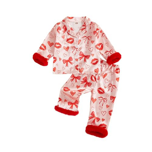 Qiylii Valentine's Pajamas for Toddler Girl Fuzzy Trim Silk Button-Up Valentine's Satin Satin Pjs 2PC Sleepwear Loungwear (Red Bow Lips 5-6T) | Amazon (US)