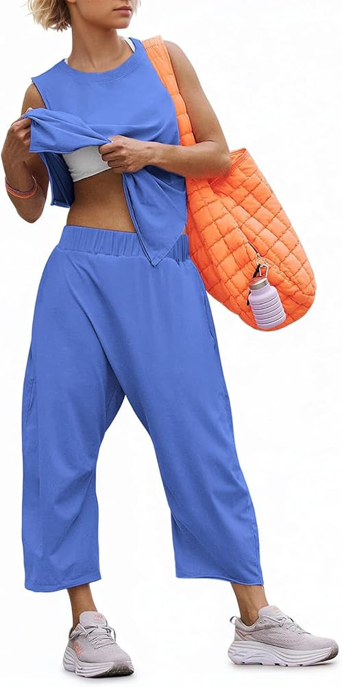 Womens Lounge Sets 2 Piece Outfits Summer Sleeveless Top and Wide Leg Pants Set Cotton Loungewear... | Amazon (US)
