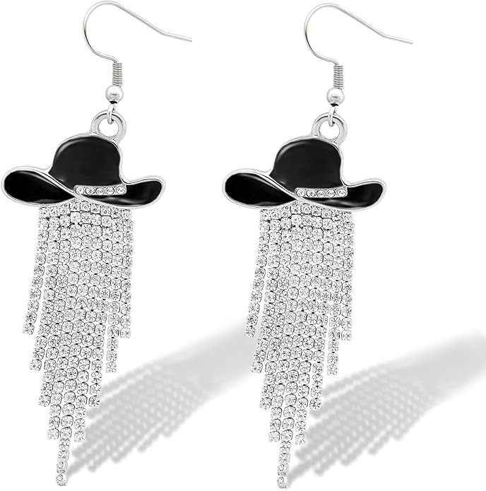 RechicGu Western Cowgirl Enamel Hat Sparkly Rhinestone Tassel Dangle Earrings Prom Country Concer... | Amazon (US)