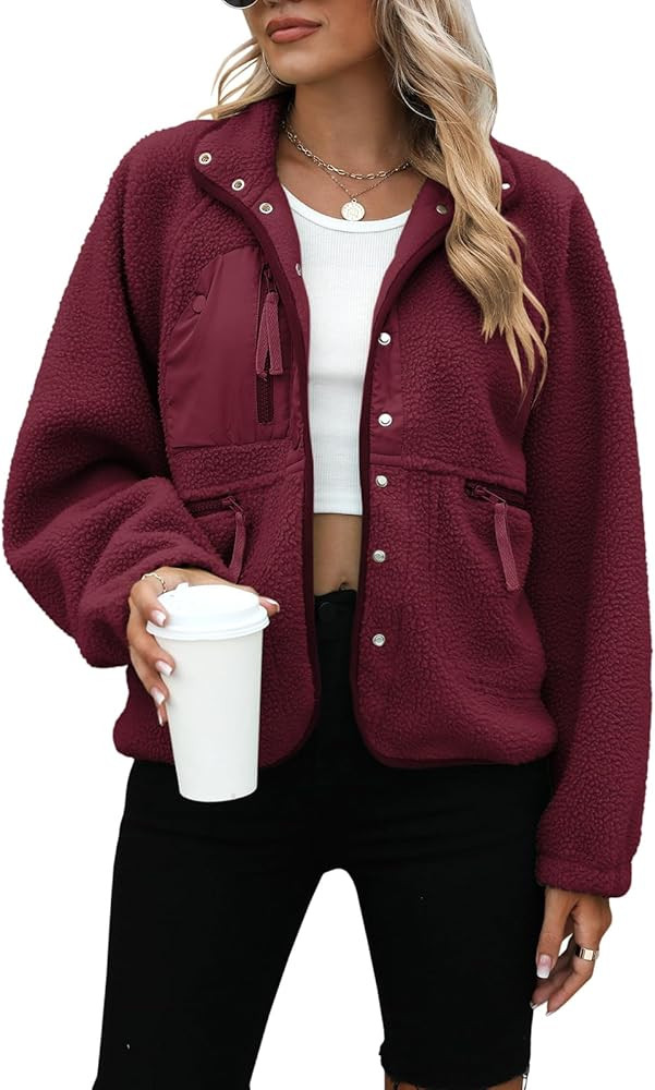 Yanekop Womens Fleece Jacket Fuzzy Long Sleeve Short Winter Coats Button Down Sherpa Jacket Outer... | Amazon (US)