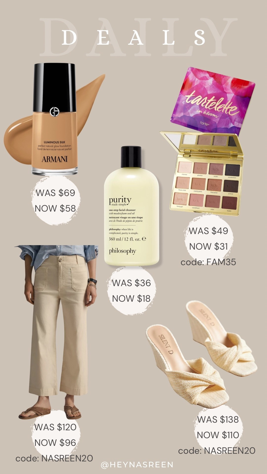 Daily deals on Armani luminous foundation, @Tarte in bloom eyeshadow palette, Purity facial cleanser, Anthropologie wedges, Anthropologie pants 
#tartepartner