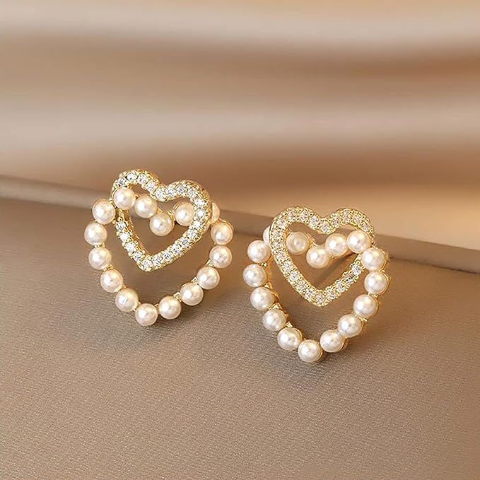 Amazon.com: Double Layer Love Pearl Earrings, Small Fragrance Light Luxury Fashion Temperament Ea... | Amazon (US)