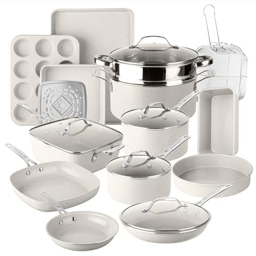 Granitestone Ceraluxe 20 Pc Ceramic Cookware Set Nonstick, Complete Pots and Pans Set Non Stick with 5 Pc Bakeware Set, Deep Frying Pan Set, & Steamer, Non Toxic PFOA Free, Oven & Dishwasher Safe | Amazon (US)
