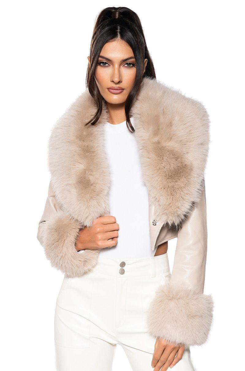 GISELE FAUX FUR CROP CROC MOTO JACKET IN IVORY | AKIRA