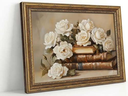 Vintage Gold Framed Books And Flowers Canvas Wall Art Antique White Rose Floral Wall Decor Pictur... | Amazon (US)