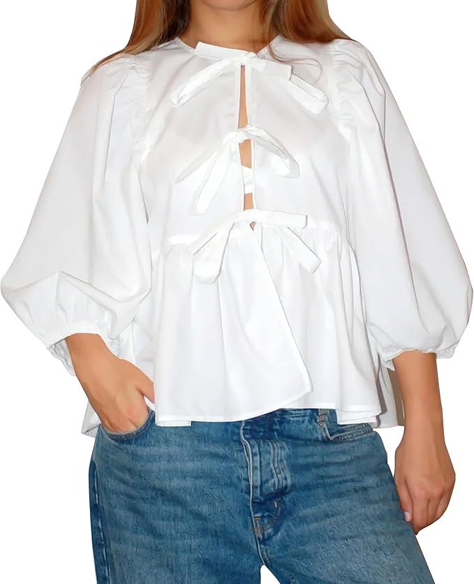 Tie Front Tops for Women Puff Sleeve Bow Tie Blouse 3/4 Sleeve Peplum Ruffle Hem Tops Babydoll Sh... | Amazon (US)