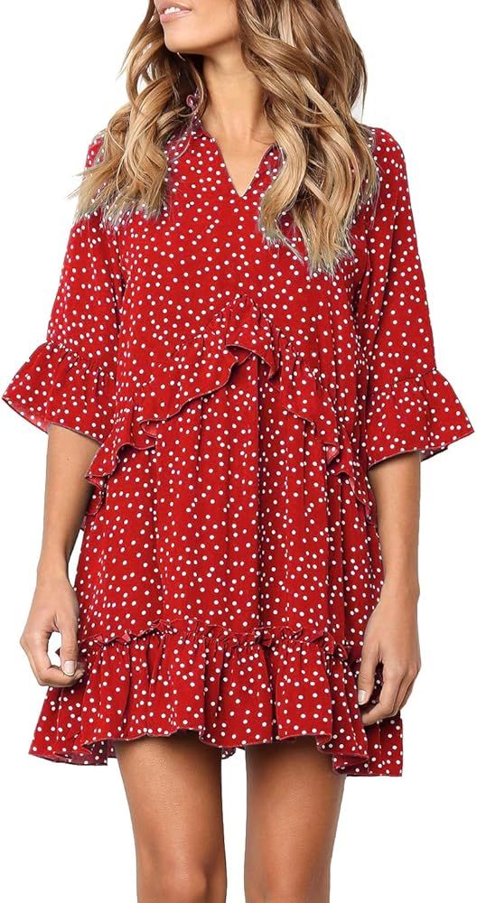 MITILLY Women's V Neck Ruffle Polka Dot Pocket Loose Swing Casual Short T-Shirt Dress | Amazon (US)