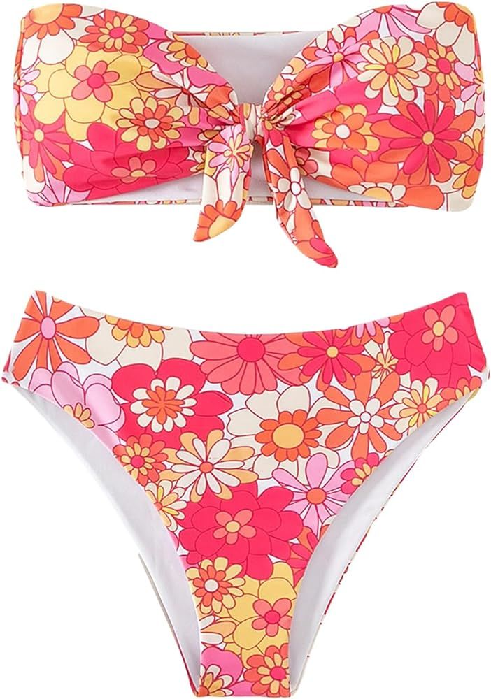 WDIRARA Women's Floral Strapless Bikini 2 Piece High Waisted Bandeau Bathing Suit | Amazon (US)