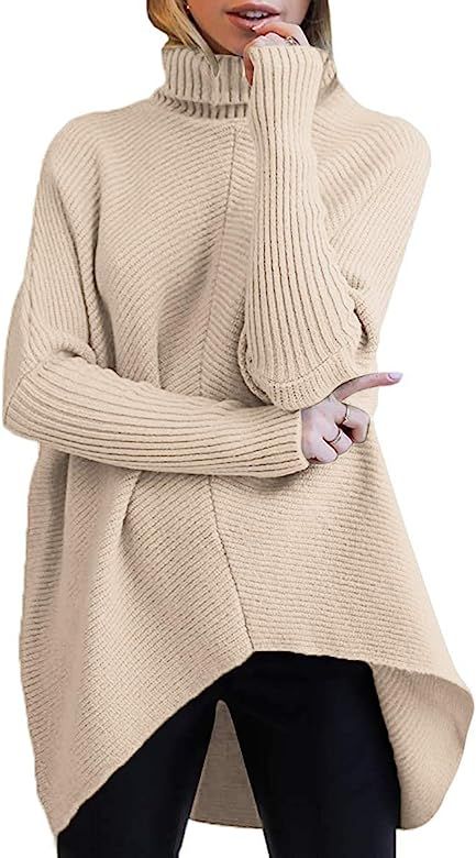 Womens Turtleneck Long Batwing Sleeve Asymmetric Hem Casual Pullover Sweater Knit Tops | Amazon (US)