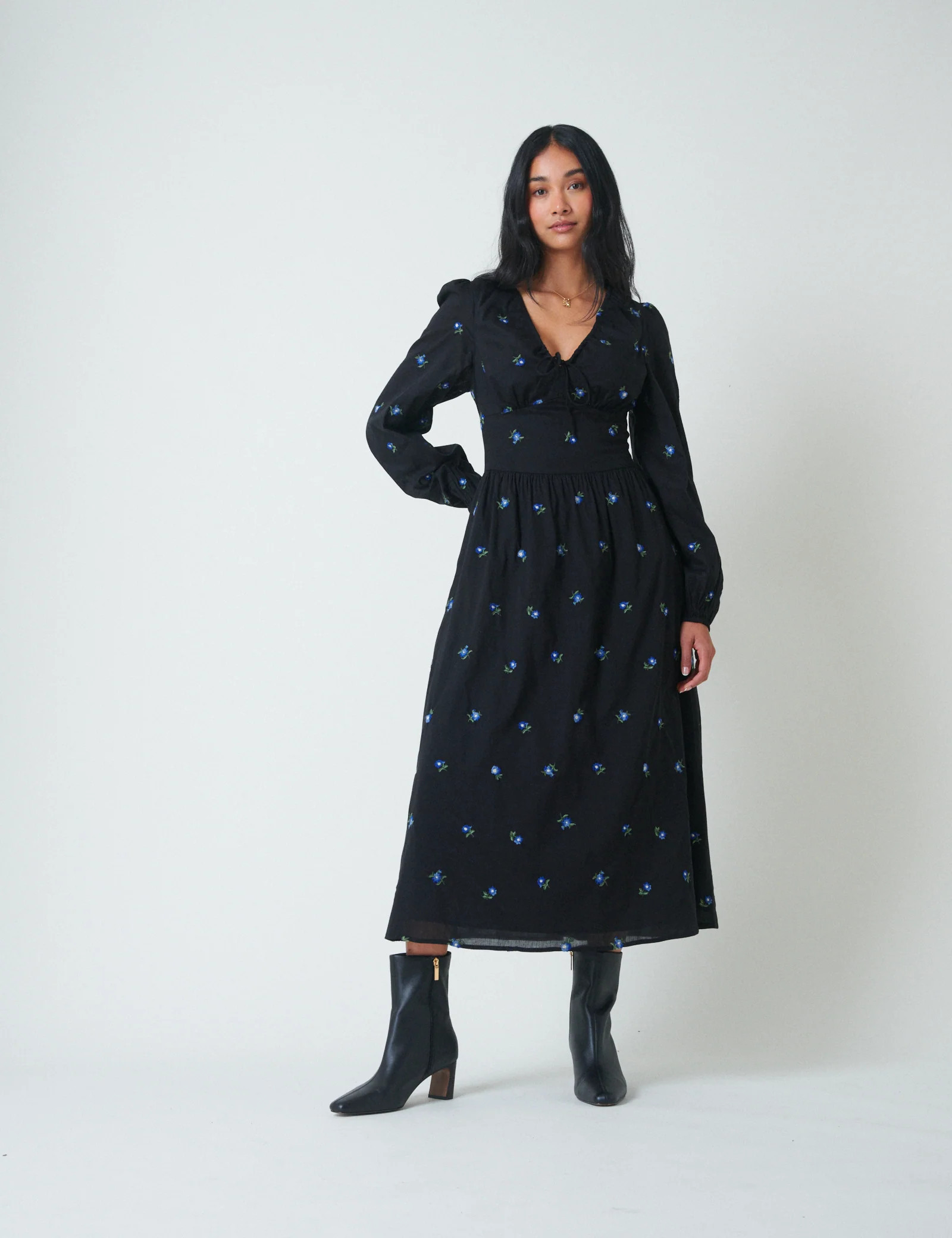 Navy Floral Embroidered Balloon Sleeve Alysia Midi Dress | Nobody's Child