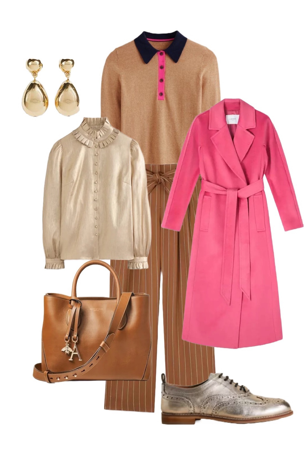 Wes Anderson / Margot Tenenbaum vibes! Team the Frances Pink Belted Coat by LK Bennett with their fab Ellis cognac stripe trousers and Tilly gold drop earrings. For daytimes partner with the new in henley camel, navy and pink tipped top by Boden switching it up with their Gold Ruffle Collar Party Blouse for evenings. Finish the retro look with White Stuff Gold ‘Thistle’ Leather Brogues and a tan Midi leather tote bag by Aspinal of London. 💗✨🍁

#LTKstyletip #LTKuk #LTKluxury