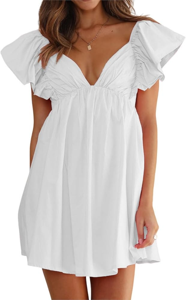 Women's Butterfly Flounce Sleeve Bow Tie Back Mini Babydoll Dress | Amazon (US)